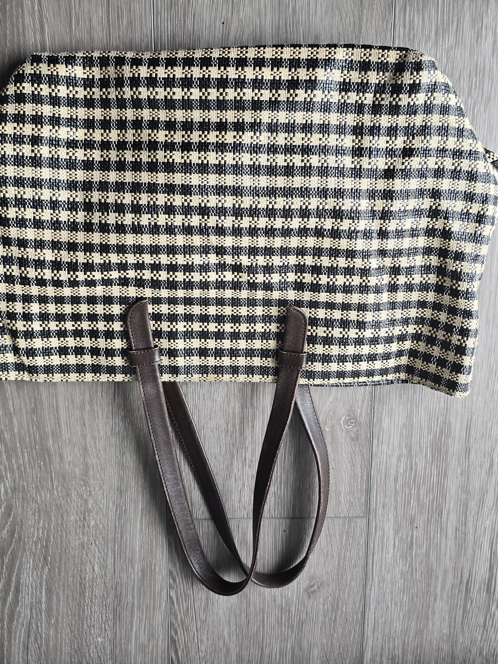 Talbots Paper Straw Woven Tote Bag Black Cream Plaid Genuine Leather - Picture 7 of 10